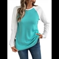 thumbnail image 2 of Tops Casuales de Punto Gofre con Cuello Redondo y Larga con Bloques de Color para Mujer Azul M, 2 of 9