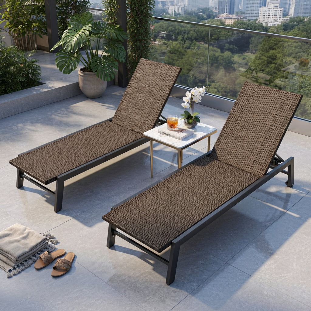 Hommoo PE Rattan Chaise Lounge Chair with 5-Position Adjustable Backrest, Heavy-Duty Steel Frame, Rolling Wheels, Woven Outdoor Recliner for Patio, Poolside & Deck, Brown