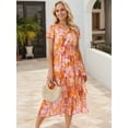 thumbnail image 2 of DARING DIVA Floral V Neck Short Sleeve Ruffle Tiered Midi Dress S Orange, 2 of 7
