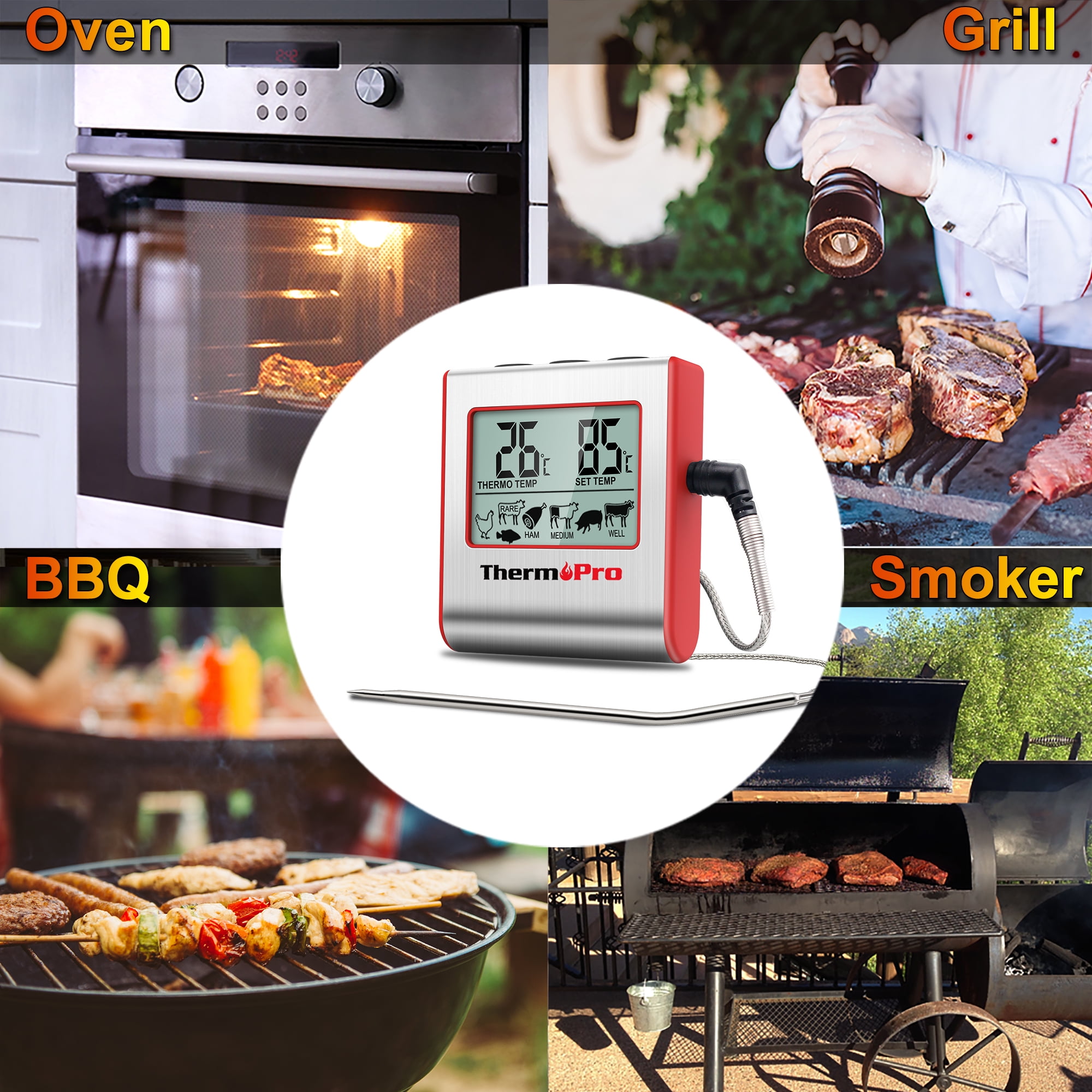 ThermoPro TP-16S Digital Meat Thermometer Smoker Candy Food BBQ Cooking  Thermometer for Grilling Oven Deep Fry with Smart Kitchen Timer Mode and  Backlight 