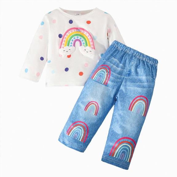 NOLDARES Toddler Baby Girl Fall Winter Clothes 2pcs Set Long Sleeve Crewneck Sweatshirt and Pants Cute Print Outfits Clothing(White,2-3 Y)
