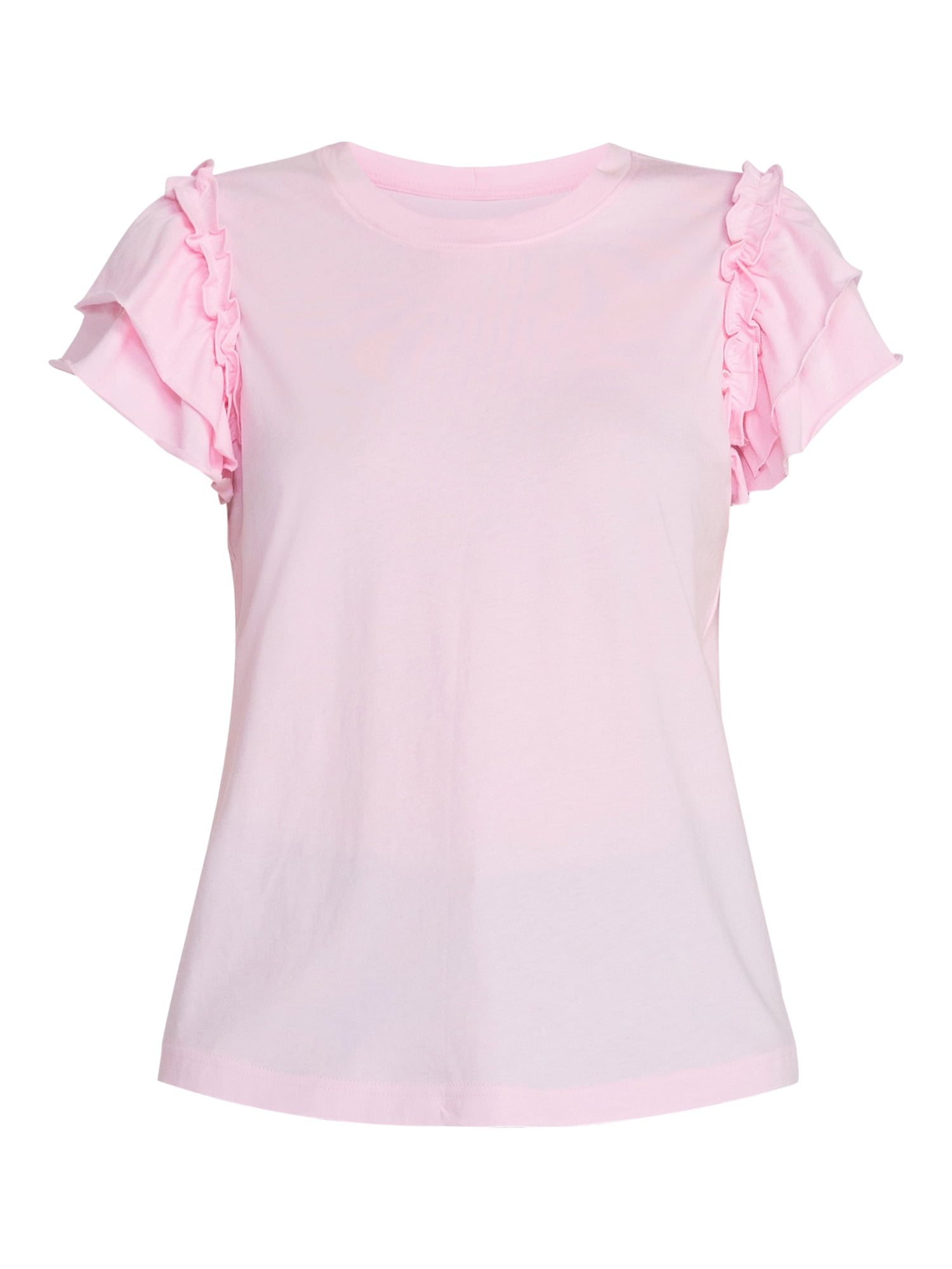 Time and Tru Women's Cotton Crewneck Tee with Ruffle Flutter Sleeves, Sizes XS-XXXL