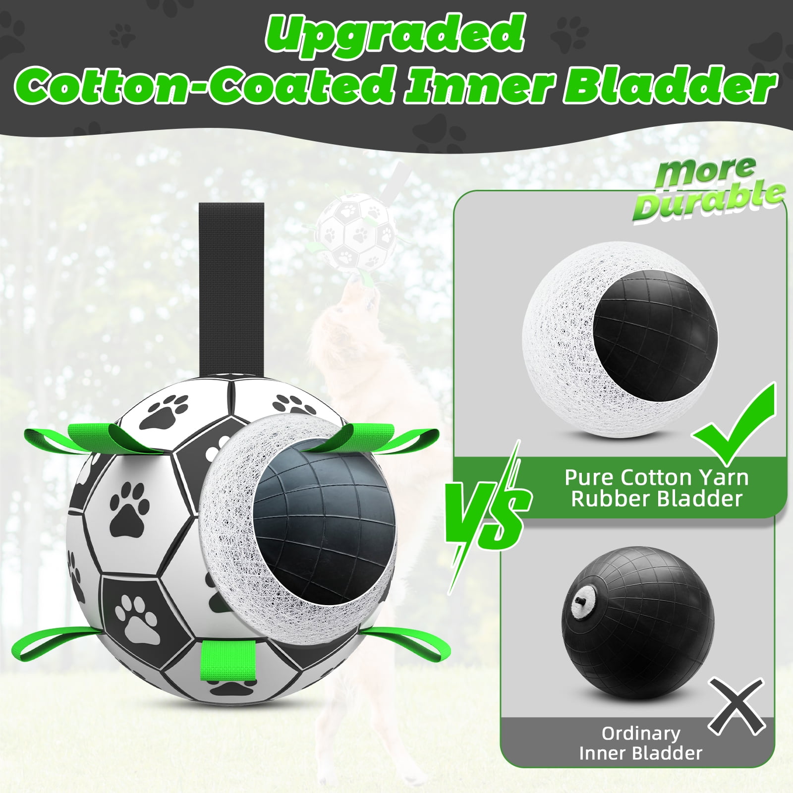 QDAN Durable Dog Toys Soccer Ball with Nylon Straps Hand Pump for Puppies Medium Large Dogs, 7-inch