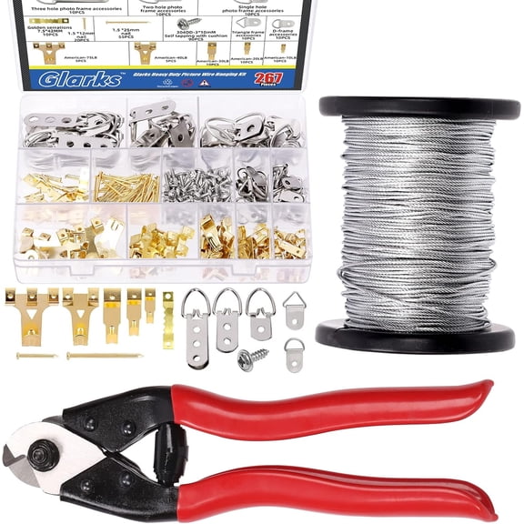 267Pcs Heavy Duty Picture Wire Hanging Kit, 164Ft Braided Picture Wire and 8" Cable Cutter with Screws, Assorted Picture Hangers Set for Hanging Photo Frames Mirror Wall Art