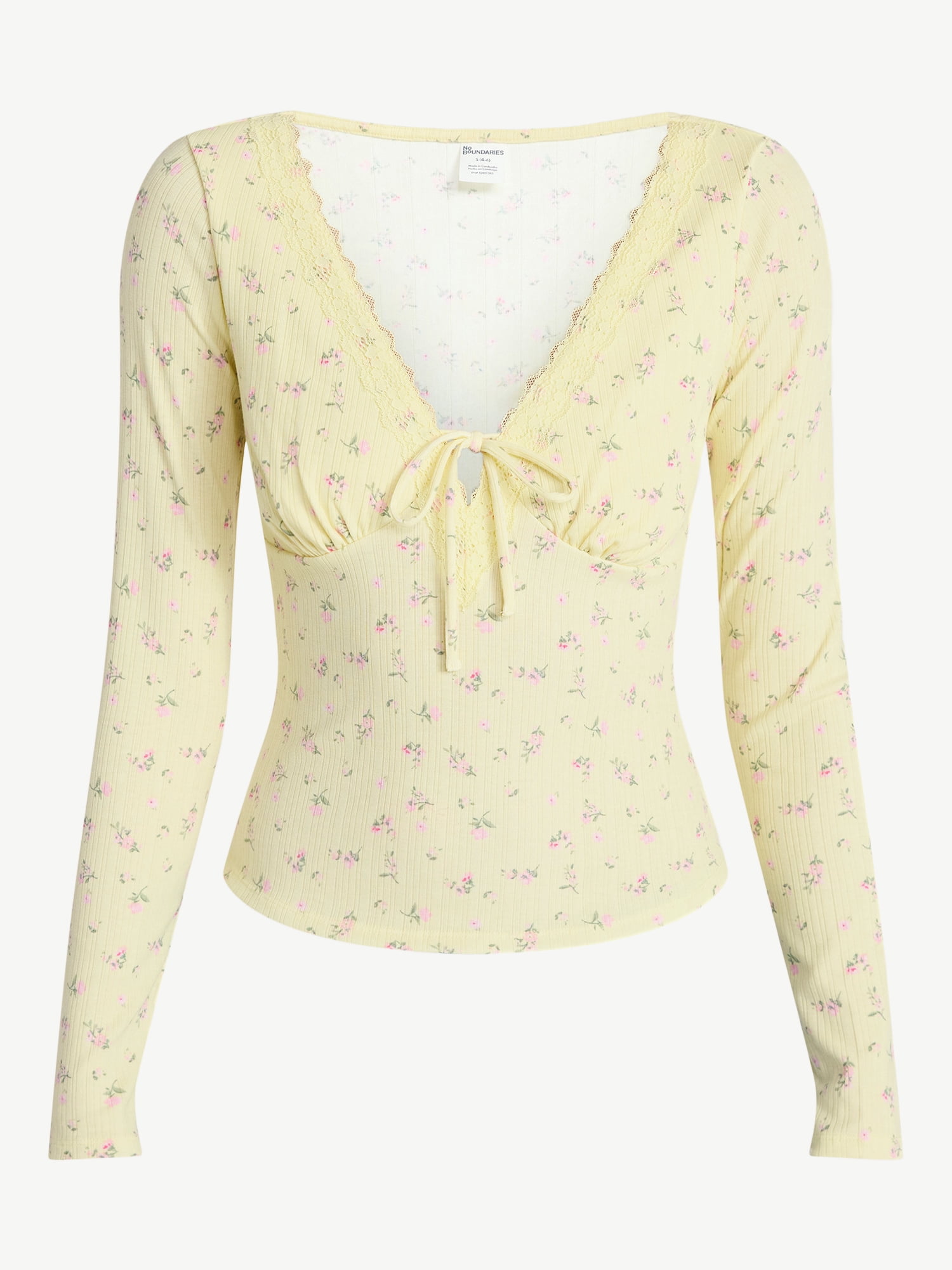 No Boundaries Tie Front Lace Trim Top with Long Sleeves, Women’s XXS-XXL