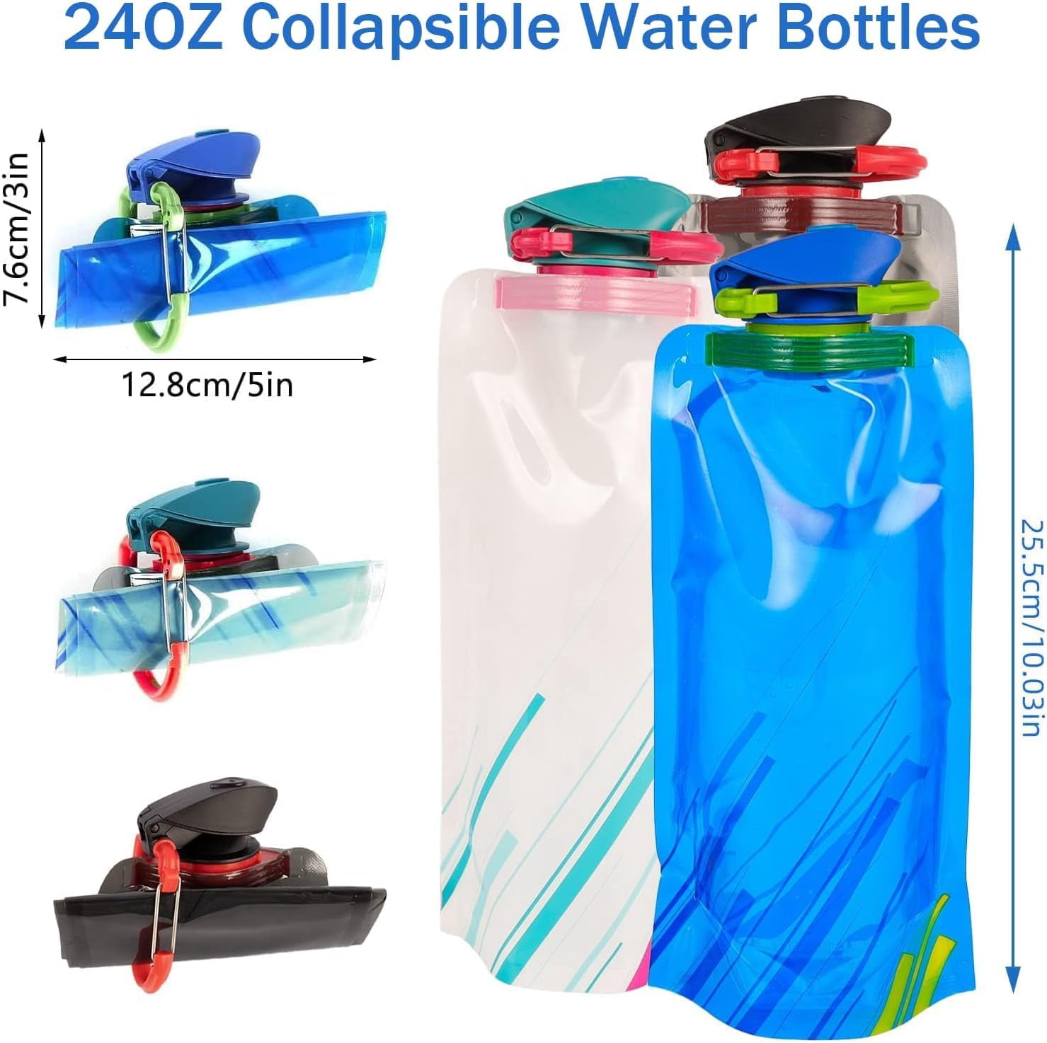 4 Pack Collapsible Water Bottles for Travel 24 oz Foldable Water Bottle with Leakproof Lid Food Grade Silicone Portable Reusable BPA Free Water Bottle for Hiking Sports Camping Biking