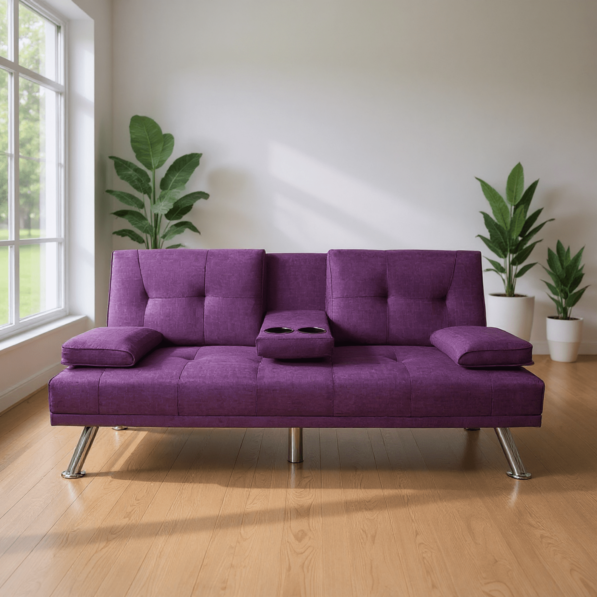 Gewnee 66.3” Futon Sleeper Sofa Bed with 3-Angle Adjustable Backrest,Loveset with 2 Cup Holders for Home,Office,Guest Room(Purple）