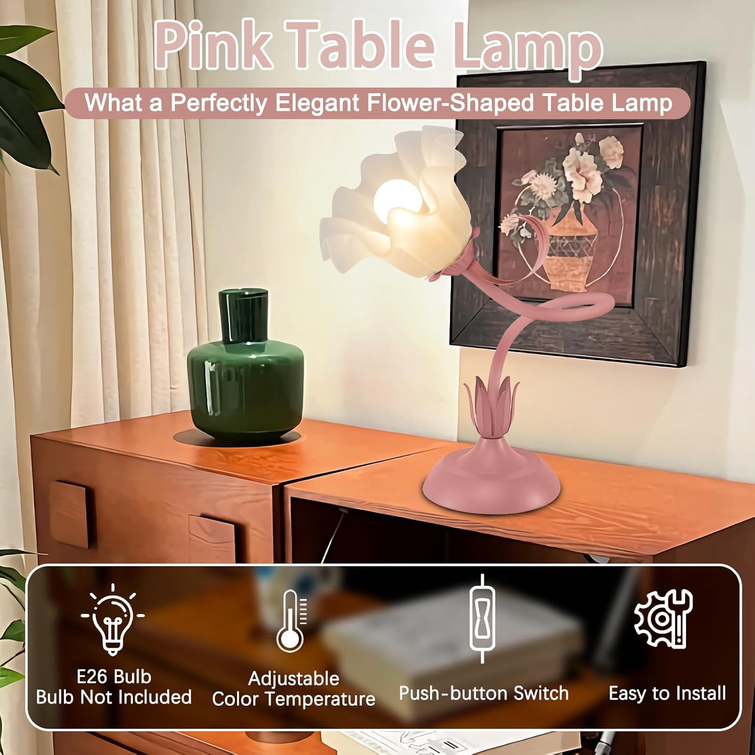 Jewelry  Flower Table Lamp,LED Reading Light Bedside Vintage Flower Night Light,3 Colors Modes Kawaii Bedside Lamps Decor,Living Room Bedroom Room Lighting Table Lamps Home Decoration(pink lamp)