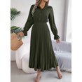 thumbnail image 7 of Women Casual Solid Color Turn-Down Collar Long Dresses Button Flare Sleeves Hundred Pleats Dress, 7 of 7