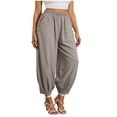 thumbnail image 3 of Women's Soft Linen Blend Straight Leg Long Pants, Elastic Waist with Functional Pockets, Tummy Control Mid-Rise, Lightweight Casual Palazzo, for Work, Beach, Daily | TruBelle,Gray 2XL, 3 of 6