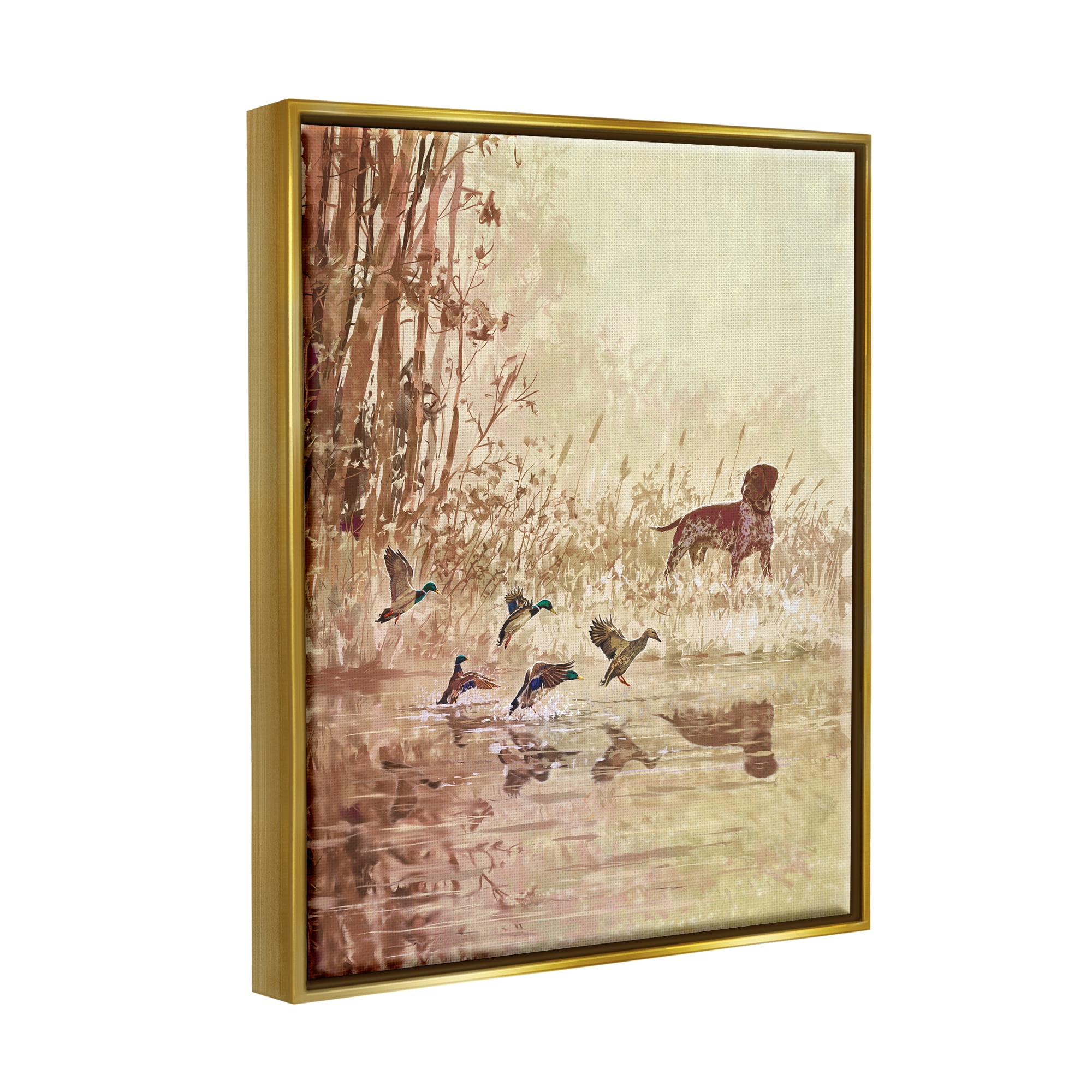 Stupell Pointer Dog & Ducks Lake Nature Animals & Insects Painting Gold Floater Framed Art Print Wall Art