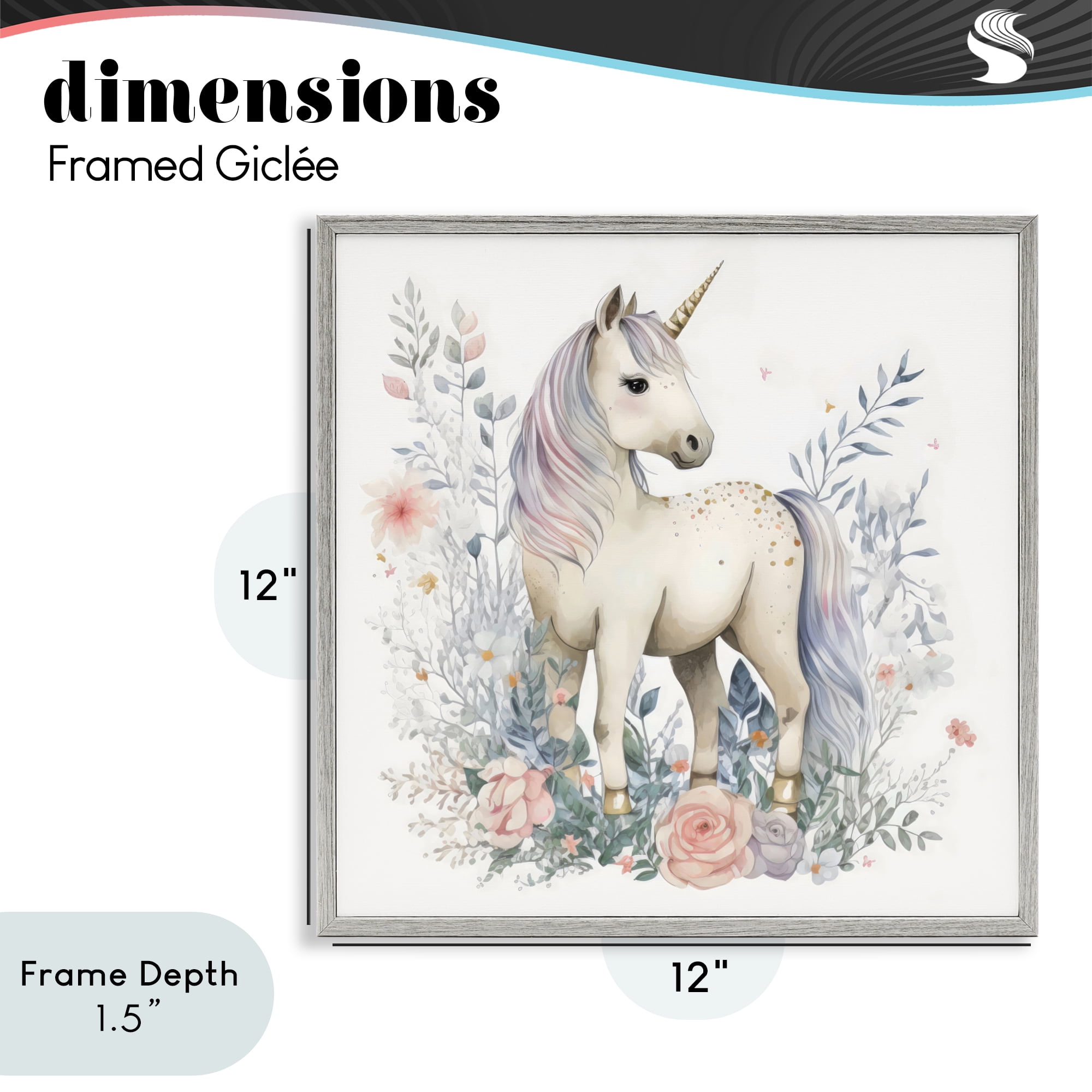 Stupell Industries Unicorn in Delicate Floral Forest Gray Framed Giclee Art, design by Creative Studio