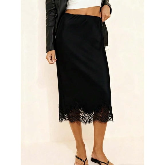 Women Black Lace Trim Satin Skirt Elegant Silky A Line Flowy Midi Long