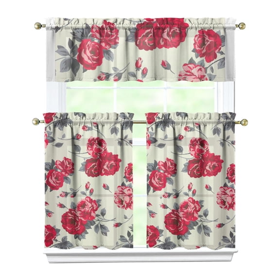 Small Floral Farmhouse Kitchen Curtains 3-Piece Set Rod Pocket Design