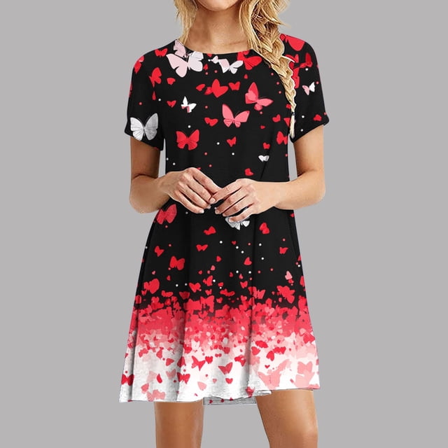 Offre Limitée Iumwxz Robes à Manches Courtes Col Rond pour Femme Tendance Ligne A Décontractée Plissée Robe Courte Tendance Robe Graphique Tenues d'Été pour Femmes Coupe Ample Robes pour Usage Quotidien Décontracté