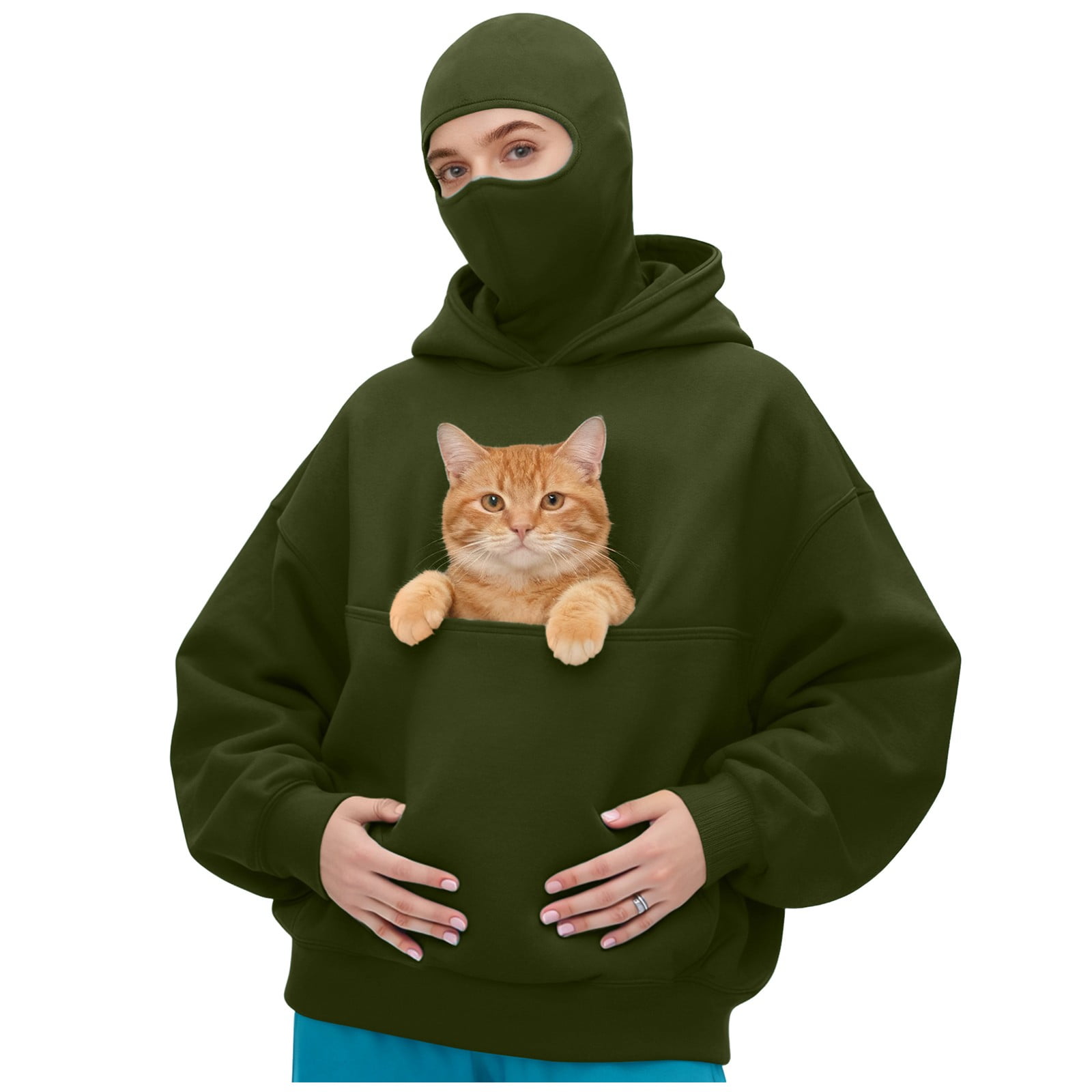 idosla Balaclava Ninja Hoodie with Built In Balaclava Unisex Women Long Sleeved Warm Pet Pocket and Winter Streetwear Sportswear Hoodies (Army Green, S)
