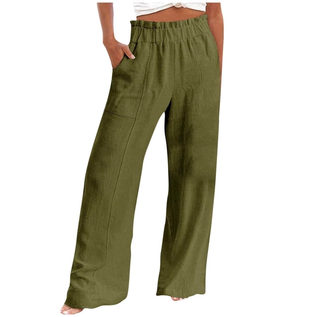 FNFYFH Clearance Comfortable Ladies Linen Pants Loose Fit Elastic Waist Solid