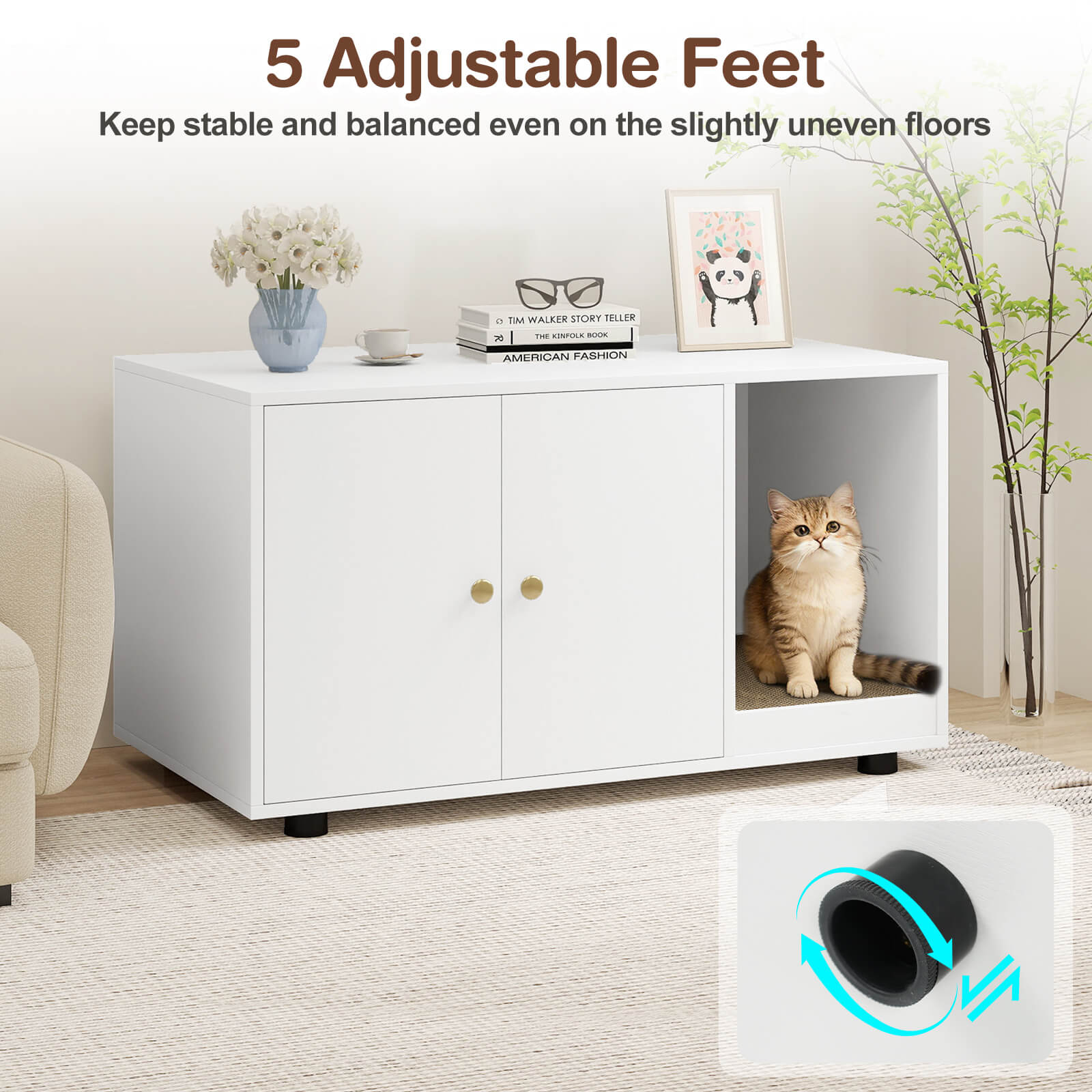 Costway Wooden Cat Litter Box Enclosure, Hidden Litter Box Furniture with Scratching Board White