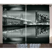 Red Vow Black and White Decorations Curtains, San Francisco Bay Bridge Metropolis Panorama Skyscrapers, Curtain for Bedroom Dining Living Room 2 Panel Set, 104" W by 63" L, Black Grey White