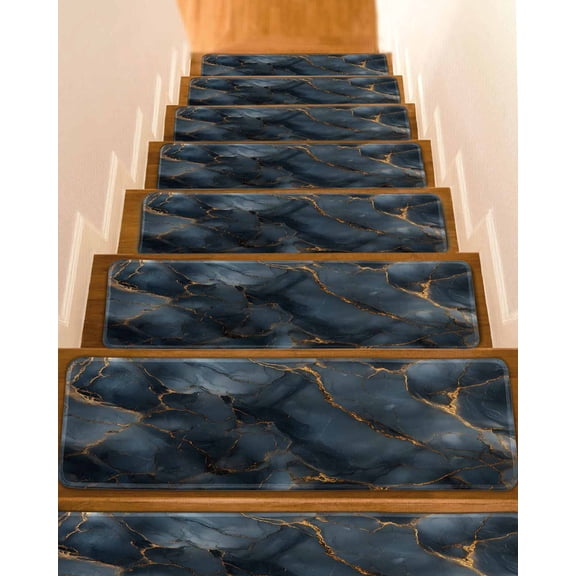 Navy Blue Marble Non-Slip Stair Treads for Wooden Steps, 7 Pack-8x30in Carpet Stair Mats with Adhesive Backing, Noise-Reducing Step Covers for Indoor Stairs, Easy to Install & Residue-Free
