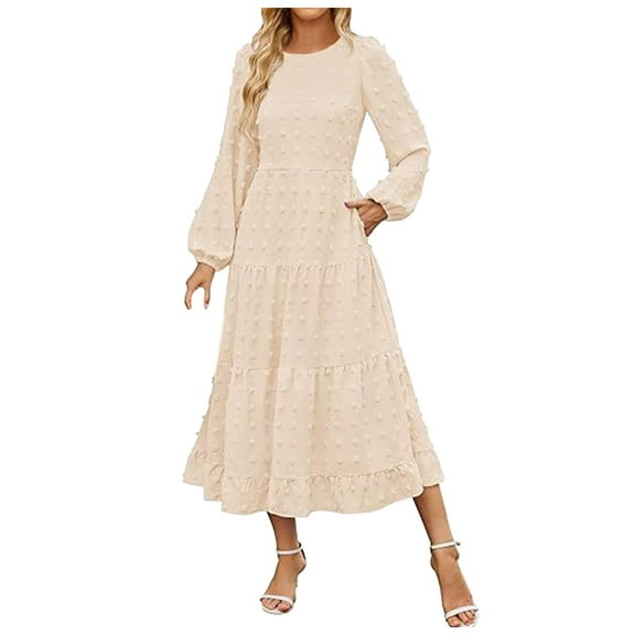 felwors Women's Fall Long Sleeve Maxi Dresses 2025 Crew Neck Swiss Dot Tiered Flowy A Line Casual Boho Party Dress Beige, L