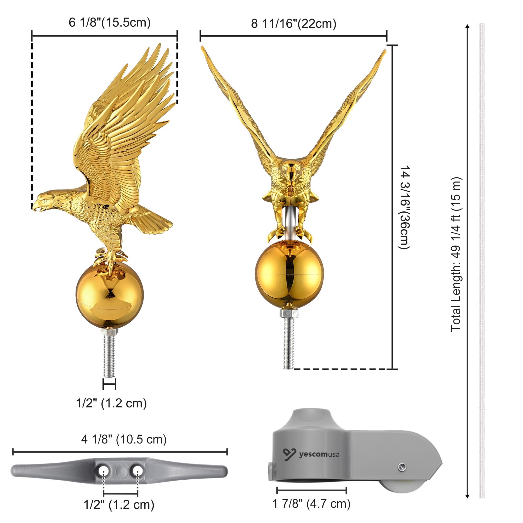 Yescom Flagpole Repair Parts Kit Topper Eagle Top Final Cleat Clip for 20/25/30 Ft Pole for 2" Diameter Flag Pole
