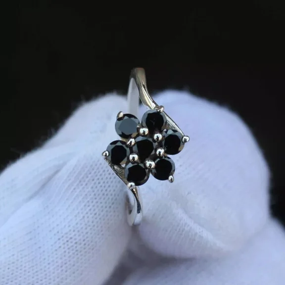 1.00 Ct Round Cut Created Black Diamond Flower Women's Ring 14K White Gold Plated Silver