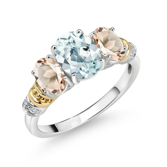 Gem Stone King 925 Sterling Silver and 10K Yellow Gold Oval Sky Blue Aquamarine Peach Morganite and White Diamond 3 Stone Ring for Women (2.23 Cttw, Gemstone March Birthstone, Size 9)
