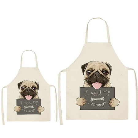 

JNGSA DOG PUG Printed Cotton Linen Sleeveless Apron Kitchen Clearance