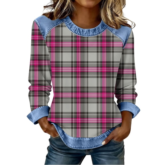 Craaazy Women's Daily Comfy Color Plaid Print Denim Patchwork Crewneck Loose Long Sleeve T Shirts Gifts