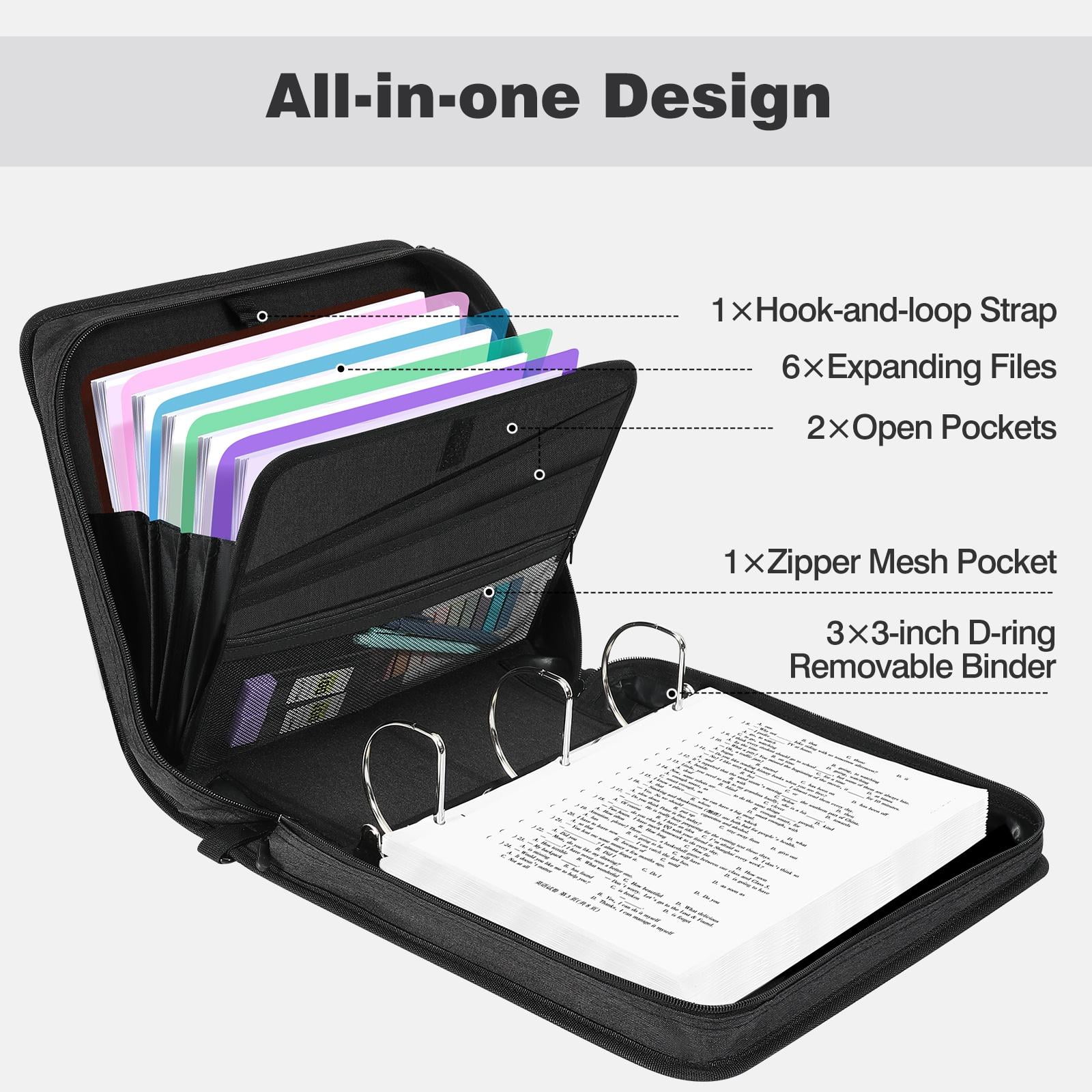 MoKo Zipper Binder, 3 Inch 3 D-Ring 700 Sheets Capacity Multi-Pocket Organizer with Shoulder Strap & Handle, School Supplies,Black