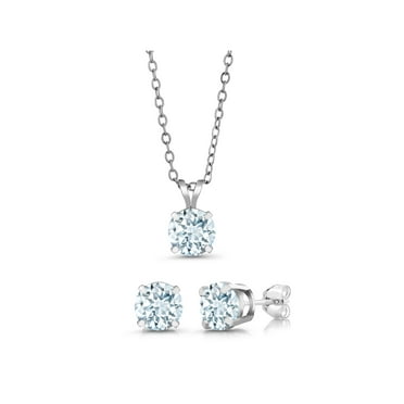 Gem Stone King 2.25 Ct Round 6mm Sky Blue Aquamarine 925 Sterling Silver Stud Pendant and Earrings Jewelry Set