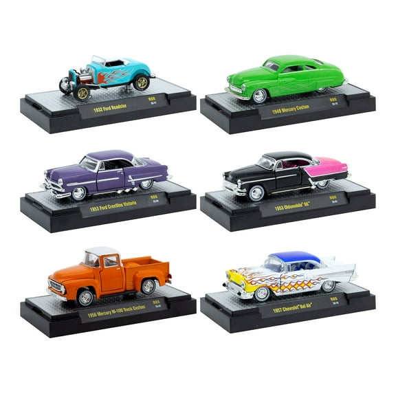 "Auto Meets" Set of 6 Cars IN DISPLAY CASES Release 88 Limited Edition 1/64 Diecast Model Cars by M2 Machines