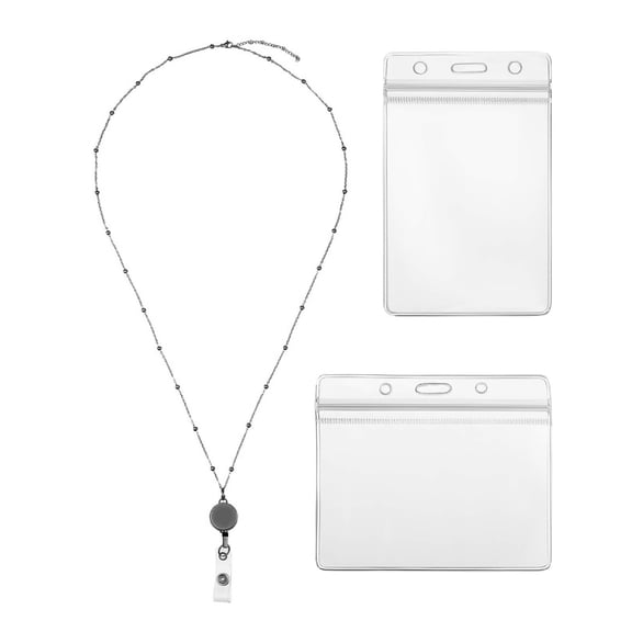 OIUR Badge Lanyards Retractable ID Holder Waterproof Teacher Lanyard with 2 Card Holders Faux Pearls Vertical ID Card Sleeve