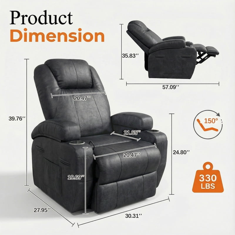 Homall 360° Swivel Rocking Recliner Massage Oversized Singal Sofa For Living Room Ergonomic High Backrest and Adjustable Recliner,PU Black