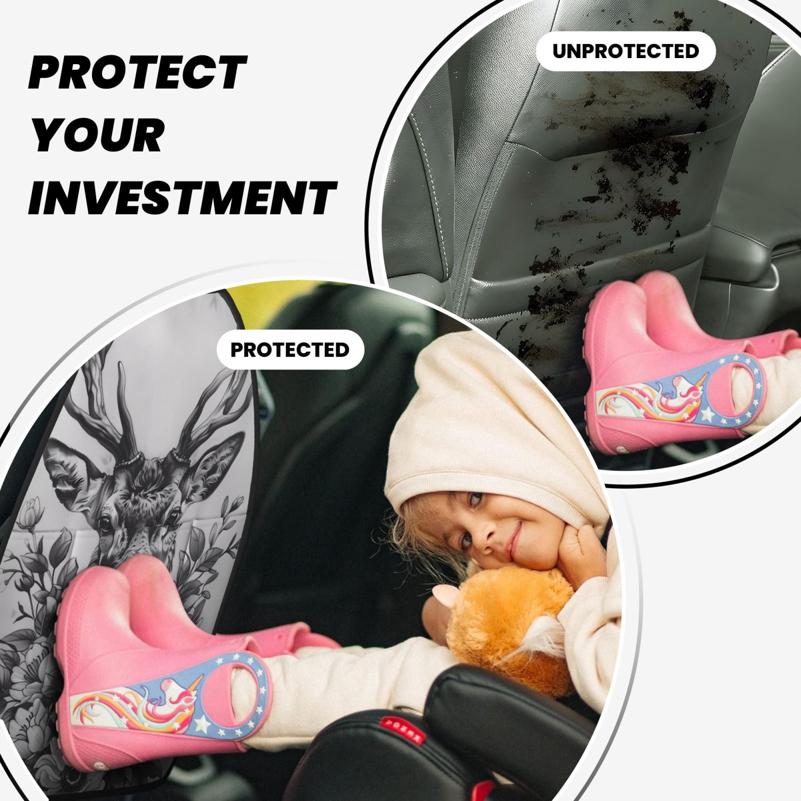 Kdxio Monochrome Deer Floral Print 2 Pack Car Kick Mat Seat Cover Back Protector Mat with Pockets for Organizer Backseat Protector and Storage Anti Kick Pad for Vehicles