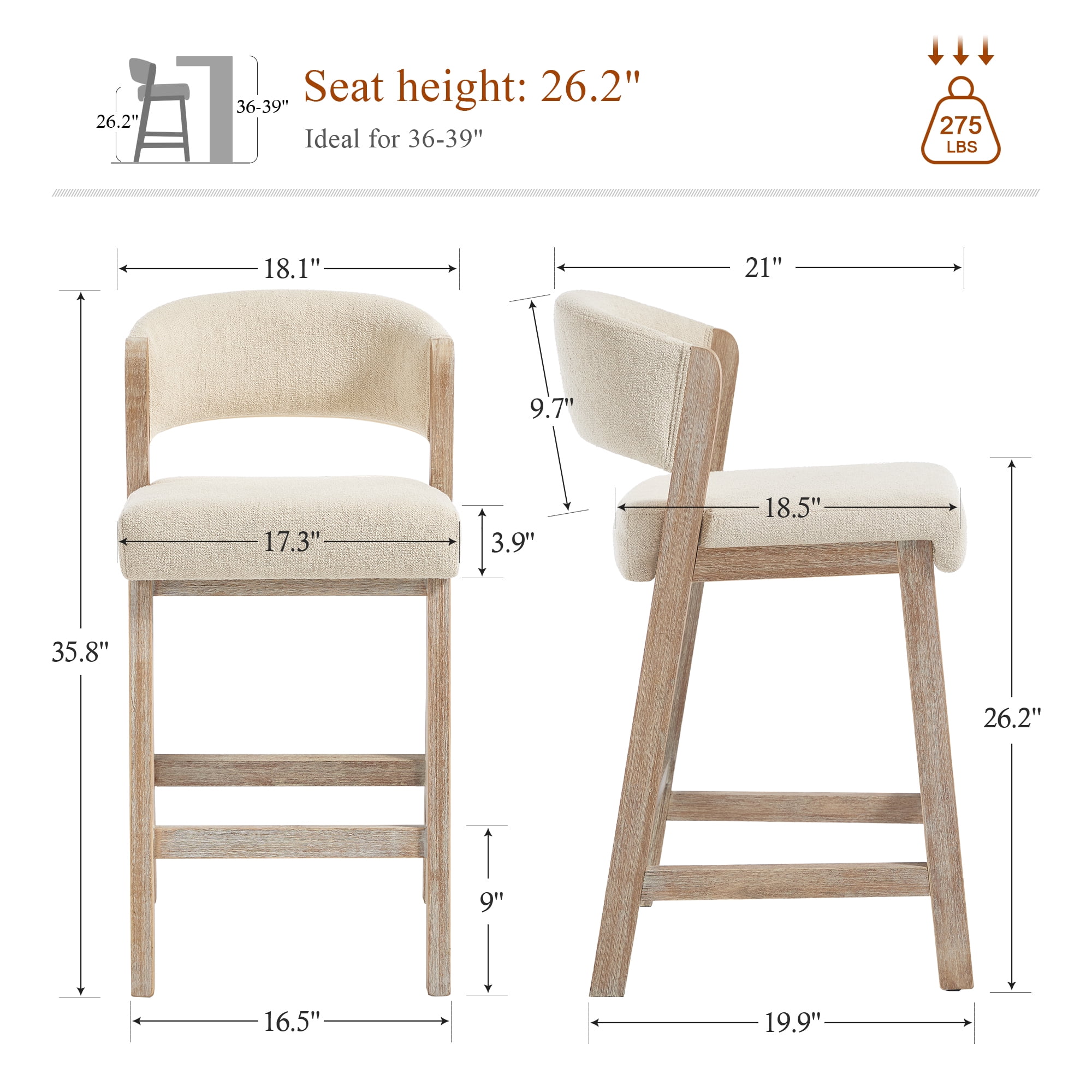 Zesthouse 26.2″ Counter Height Wooden Bar Stools Set of 2, Linen Upholstered Barstools with Curved Backs, Thick Cushion, Vintage Brushed Brown Wood Legs, Modern Bar Chairs for Kitchen Island, Beige