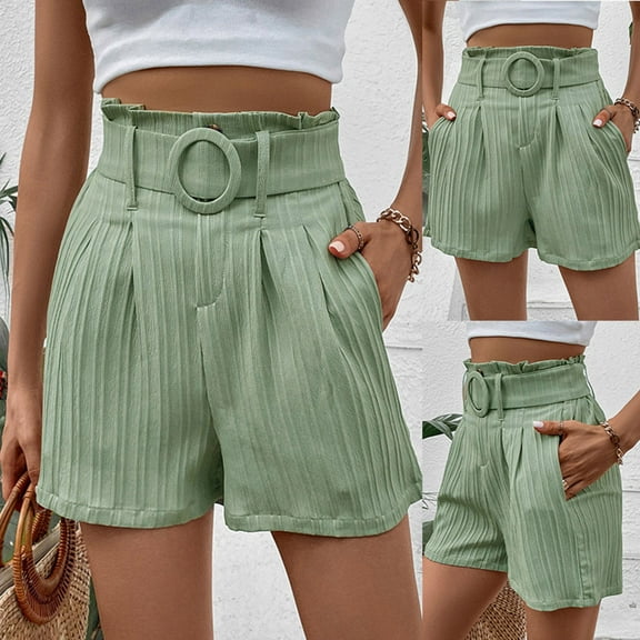 CLOISE Bermuda Shorts for Women with Pockets Green L Summer Trendy Casual Loose Shorts Solid Elastic Waisted Zipper with Button Flowy Comfy Shorts
