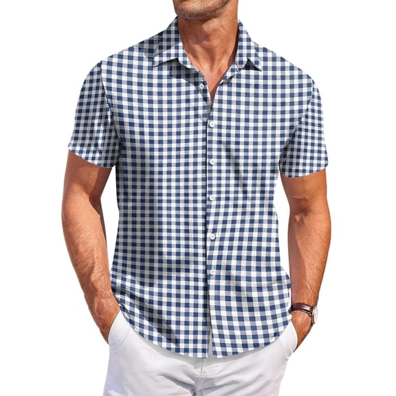 Fabrcox Men Button Down Shirt Short Sleeve Plaid Collared Men's Fishing Shirts Summer Color Block Lightweight Men's Sun Shirt L