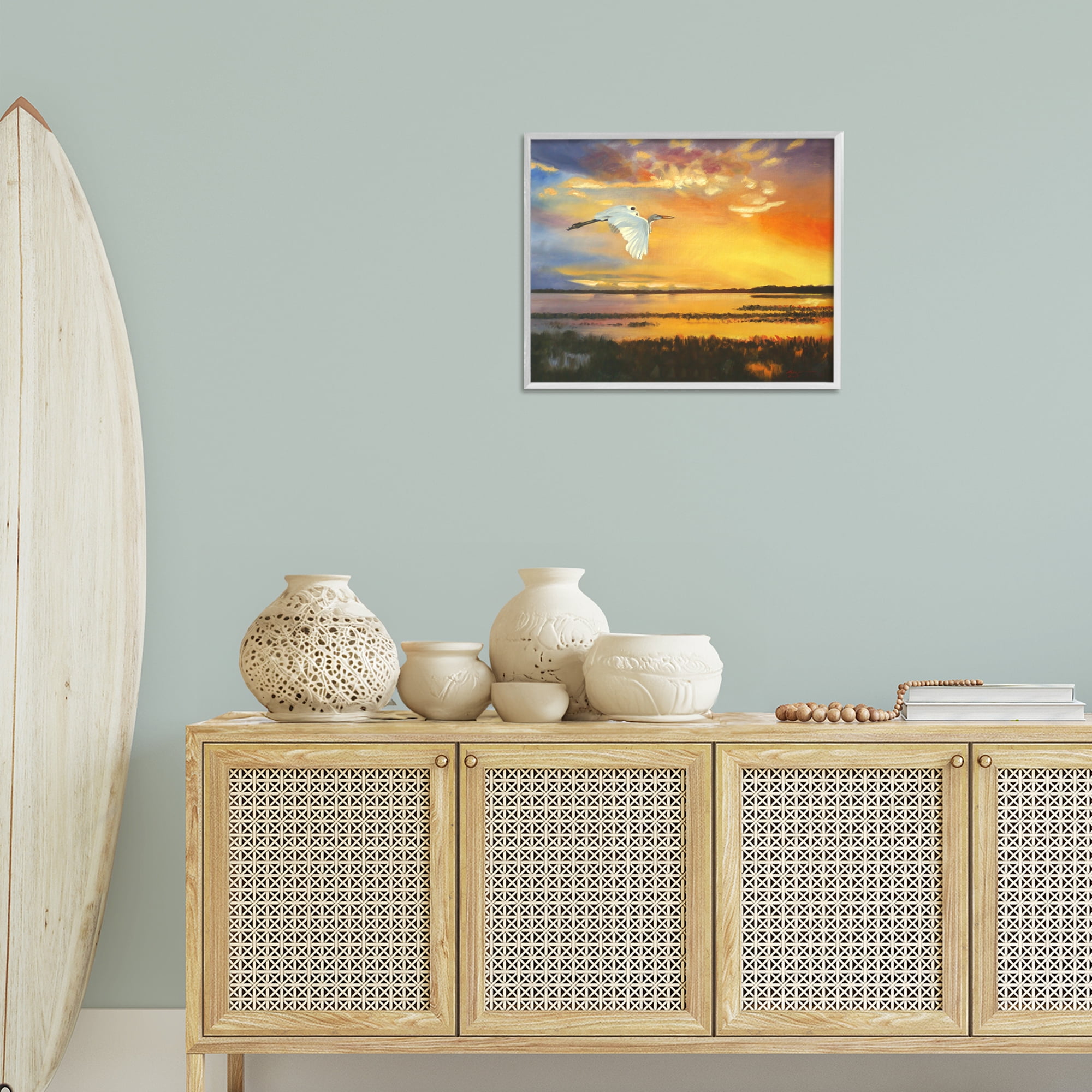 Stupell Industries Bird over Sunlit Pond Landscape Painting White Framed Art Print Wall Art, 20 x 16