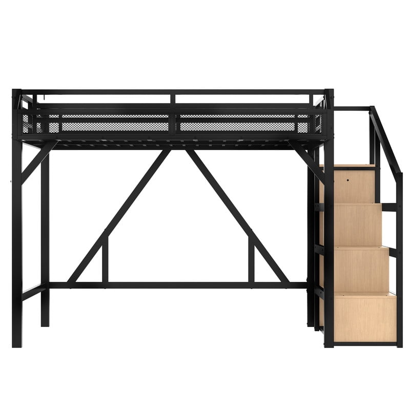 Queen Size Loft Bed with Storage Stairs,Shelves and Built-in Wardrobe, Metal Game Loft Bed Frame with USB Ports and LED Lights,Noise-reduced Design,Natural Wood
