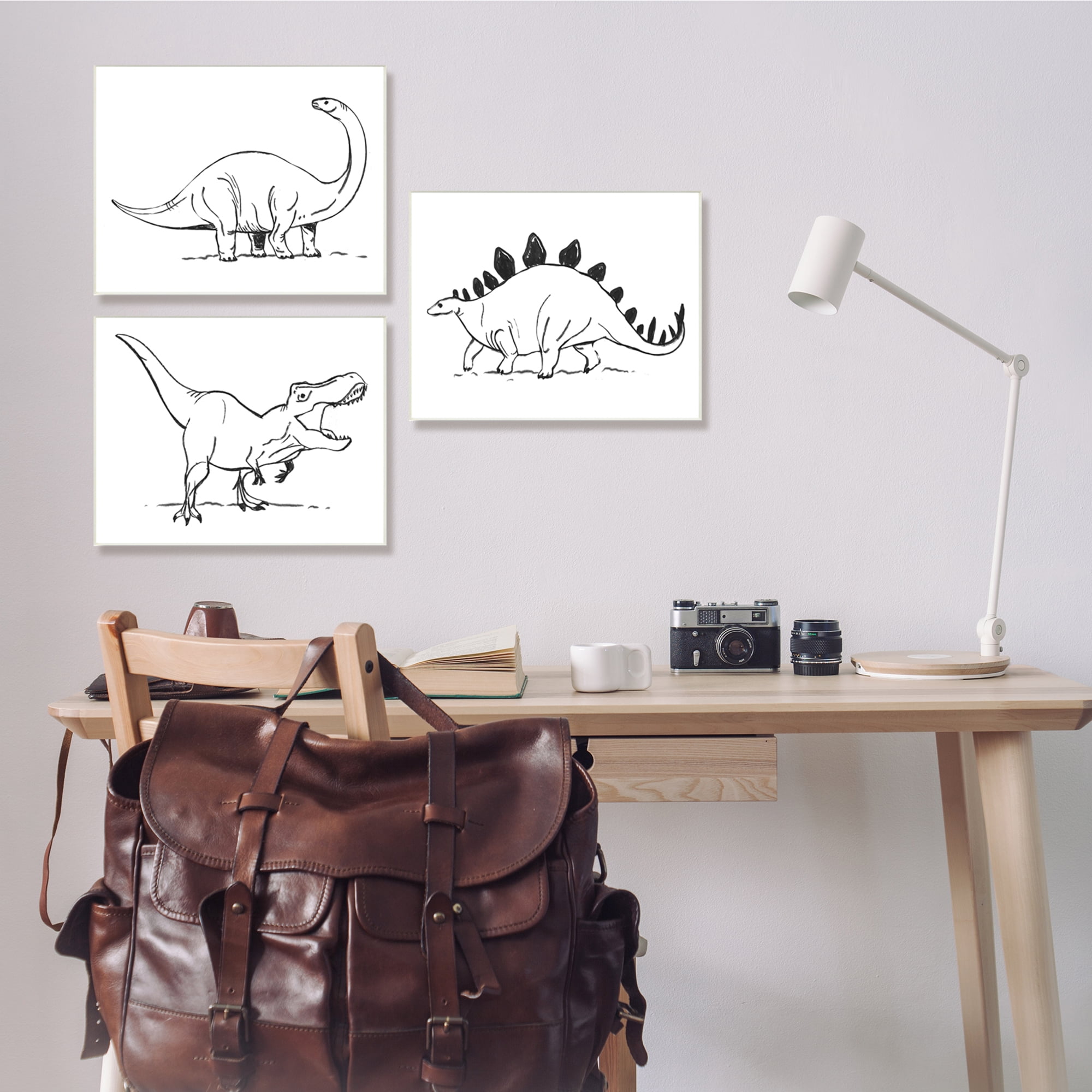 Stupell Industries Dinosaurs Marching Line Drawing Minimal Black White Animals & Insects Painting Unframed Art Print Wall Art, 13 x 19, Set of 3