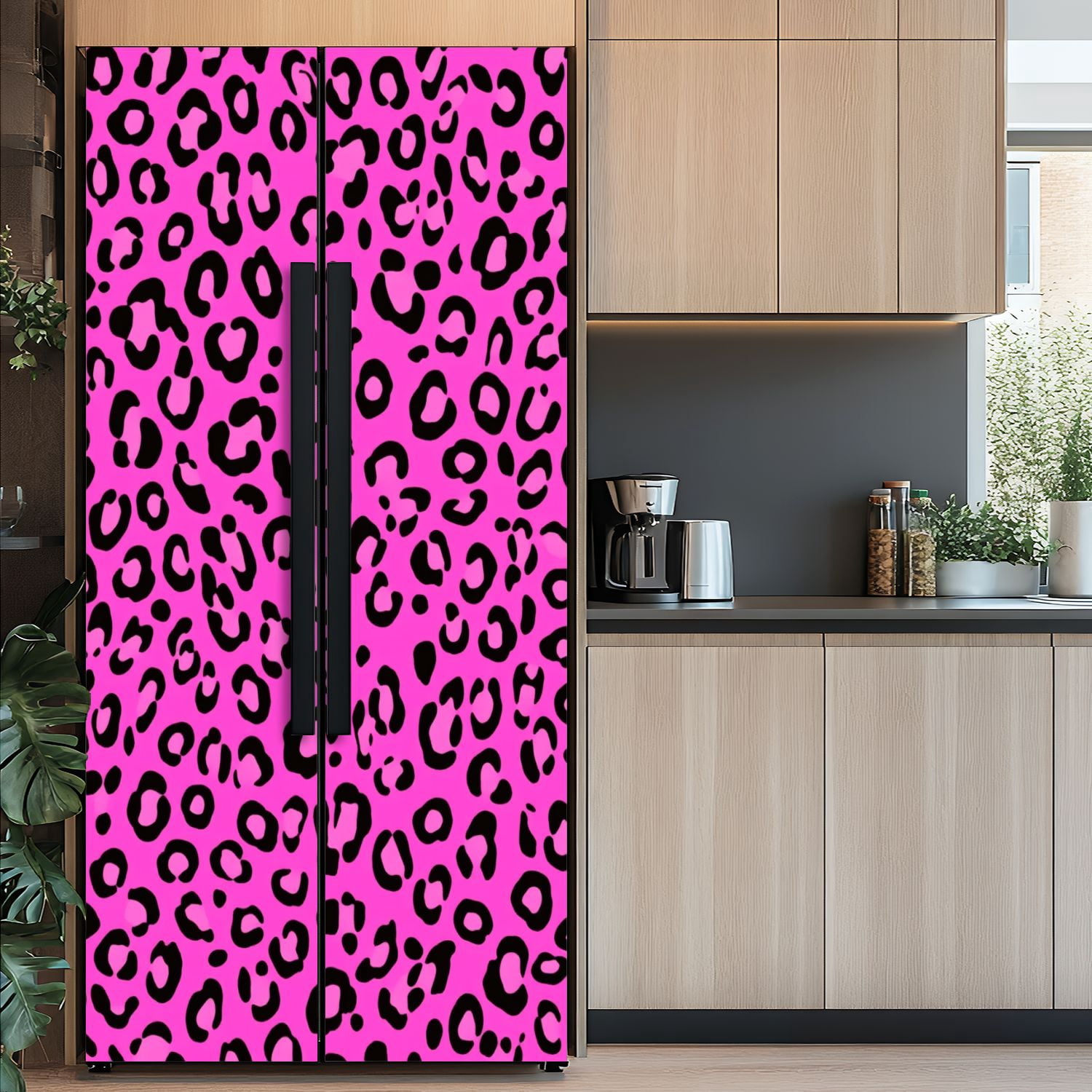 Self Adhesive Vinyl Refrigerator Wrap Set Leopard Print Pink Door Mural Removable Fridge Sticker Peel and Stick&nbsp;Full Door Cover Decal Kitchen Bar Decor