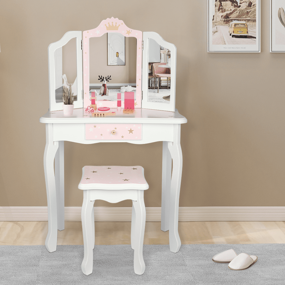 Ktaxon Kid's Dress Table Makeup Desk with Foldable Mirror Stool Drawer