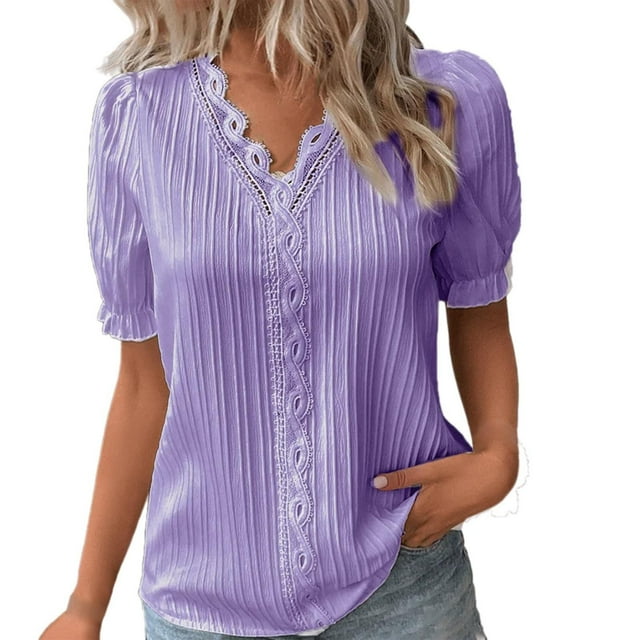 Lenpel Women's Summer Tops Plus Size Ruffle Short Sleeve V Neck Lace Trim Textured Shirts Dressy Casual Blouses