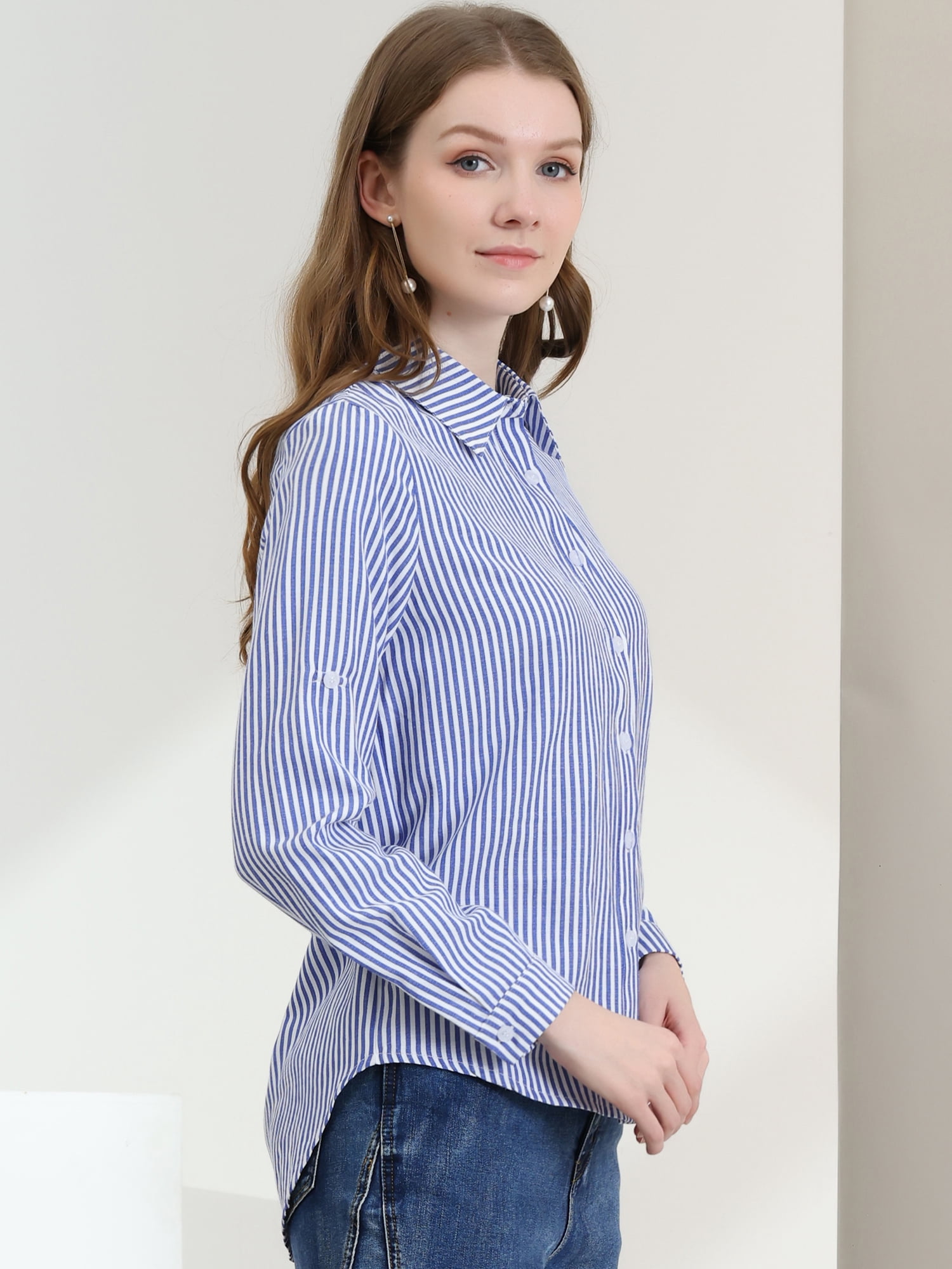 DARING DIVA Women's Button Down Long Sleeve Vertical Stripes Shirt L Blue