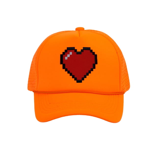 Men's 80's Retro Large 8 Bit Pixelated Heart Gamer Trucker Hat, Neon Orange