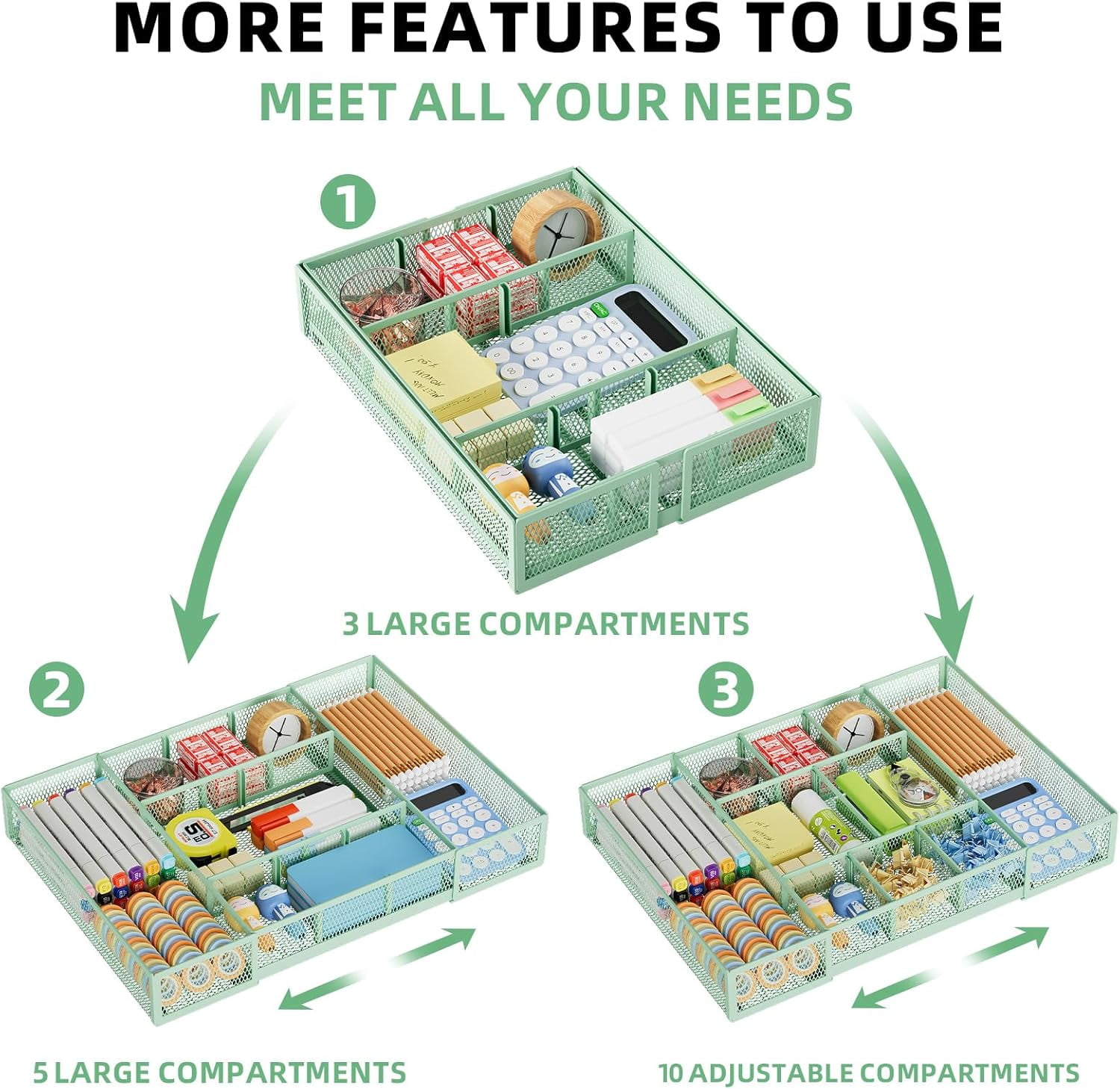 Expandable Desk Drawer Organizer, Mesh Drawer Organizer Tray with 10 Adjustable Compartments, Desk Organizers and Accessories for Office Supplies, Makeup & Vanity (Expandable-Green 2pack)