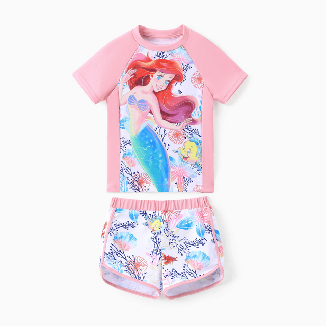 Disney Disney Princess Fillette Tout-Petit 2 Pcs Moana/Ariel Imprimé Floral/coquillage à Blocs de Couleur Haut à Manches Courtes et Short Ensemble de Maillot de Bain UPF 50+