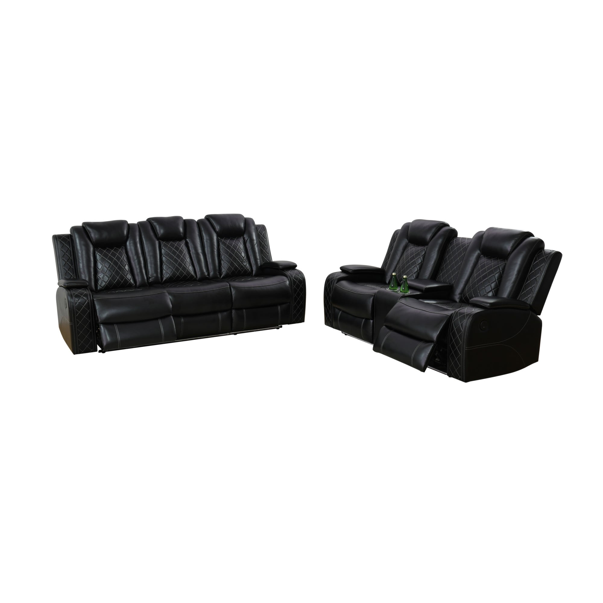 Gewnee Black 2-Piece Multifunctional Smart Sofa with Console & Cup Holders, Solid Wood Frame, Double-Layer Springs and Air Leather